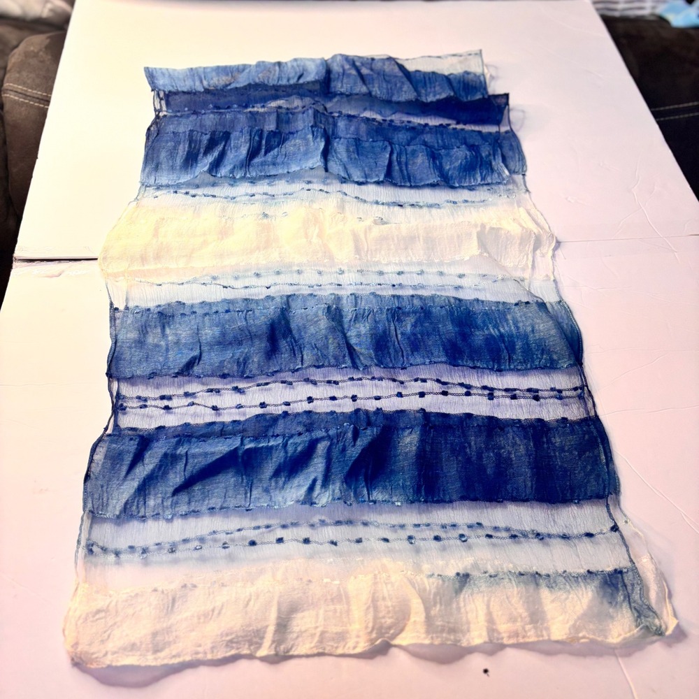 Blue White Ombre‎ Ruffled Scarf Sheer Swiss Dot Textured Crinkle Wrap Spring